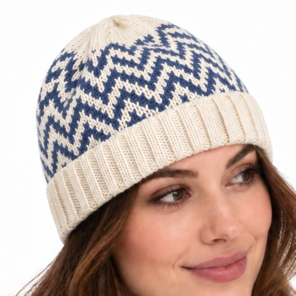 Women's Winter Knit Beanie Hat White Blue Warm Soft Cozy Snow Cap Sporty